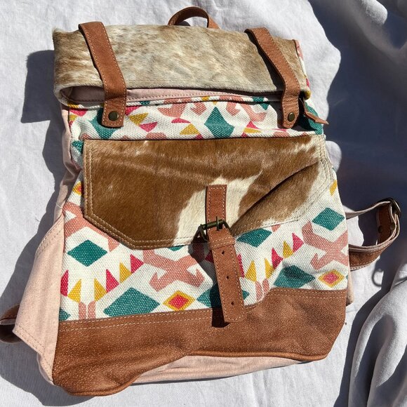 OHLAY Upcycled Canvas Hair-On Genuine Leather Backpack NWT main image 6